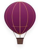 Illustration d'une montgolfière prune et or, élément graphique de l'identité visuelle de l'hôtel Aéro